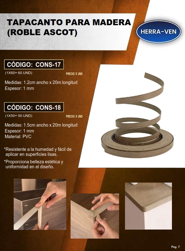 TAPACANTO P/MADERA - ROBLE ASCOT - 12MM X 20MTS - 1MM - PVC 