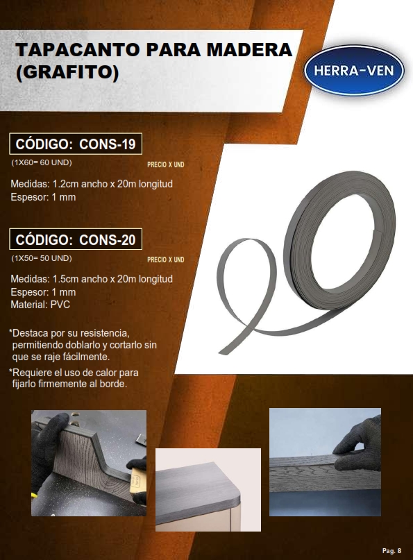 TAPACANTO P/MADERA - GRAFITO - 15MM X 20MTS - 1MM - PVC - (U