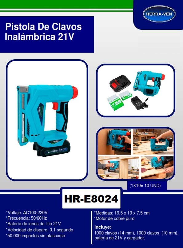PISTOLA INALAMB 21V - P/GRAPAS - DISPARO 0,1SEG - MOTOR COBR