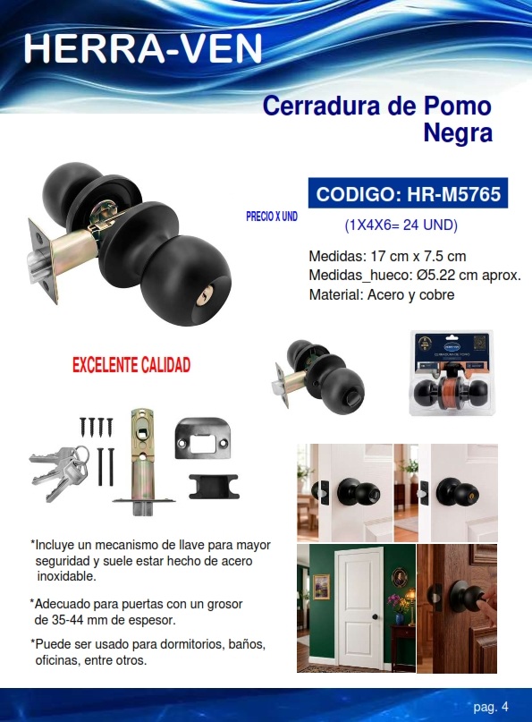 CERRADURA POMO RED NEGRO 7,5CM X17cm C/LL