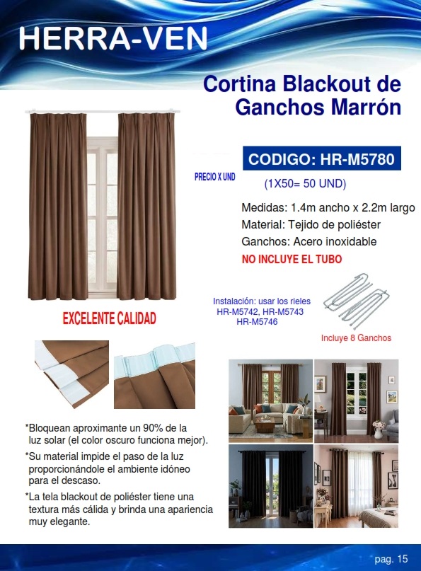 CORTINA BLACKOUT DE GANCHOS MARRON 1,4 X 2,2 MTS - POLIESTER