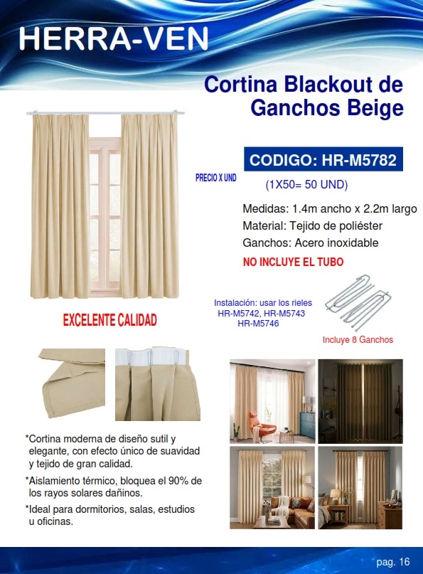 CORTINA BLACKOUT DE GANCHOS BEIGE 1,4 X 2,2 MTS - POLIESTER 