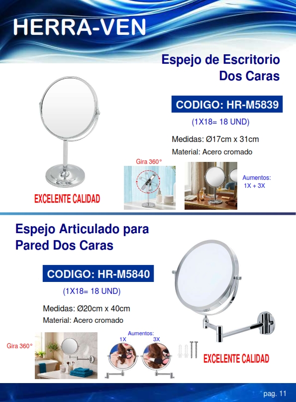 ESPEJO P/ESCRITORIO - 2 CARAS (1X - 3X) - 17X31CM - CROMADO