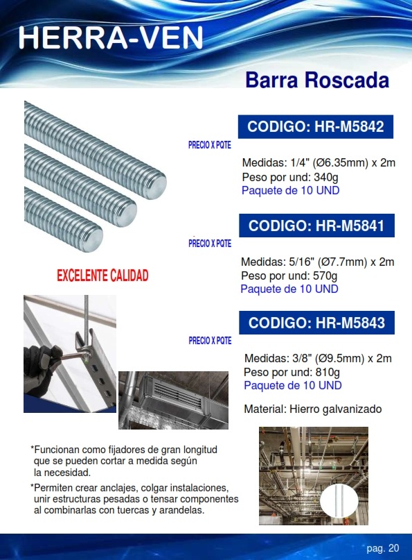 BARRA ROSCADA 5/16 X 2MTS - (10UND) - HIERRO