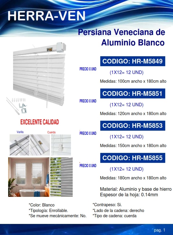 PERSIANA T/VENECIA ENROLLAB - BLANCA - 1 X 1,8 MTS - ALUM