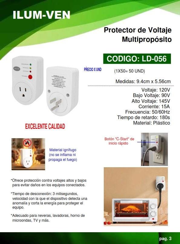 PROTECTOR VOLTAJE ENCHUFABLE 110V-15A - BOTON INCIO RAPIDO