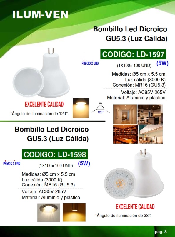 BOMB DICRO MR16 - 3000k - 5W - 5.5cmX5cm,85-265V,GU5,3 LED,A