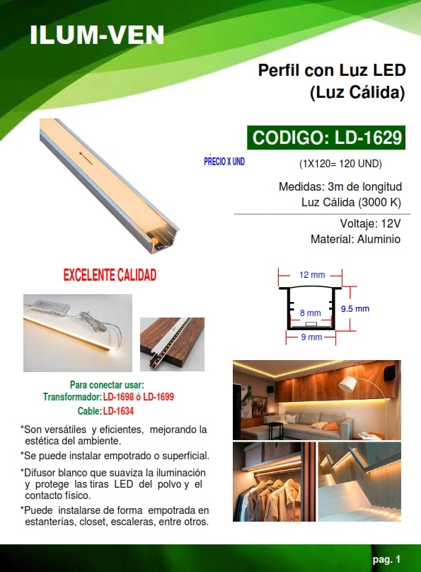 PERFIL C/LUZ CALIDA - 3000K - 3MTS - 12V - ALUM - EMPOT-SUPE