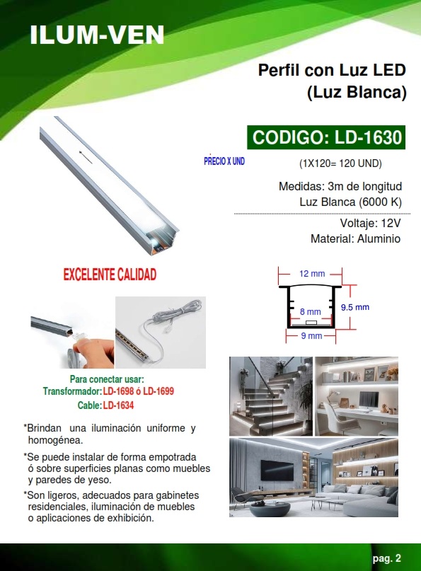PERFIL C/LUZ BLANCA - 6000K - 3MTS - 12V - ALUM - EMPOT-SUPE