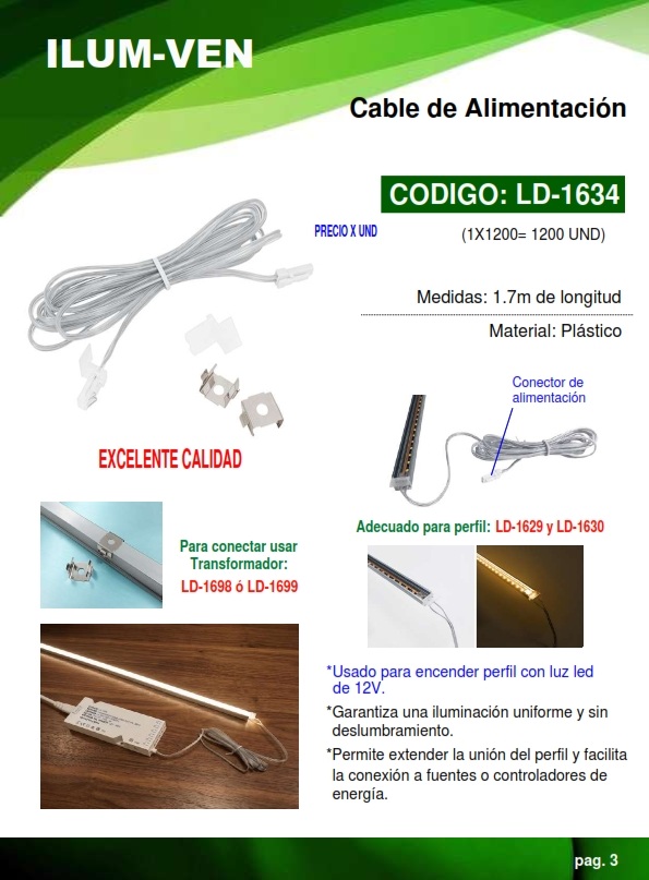CABLE ALIMENTACION P/PERFIL 1629-1630 - 12V - (USA TRANSF 16