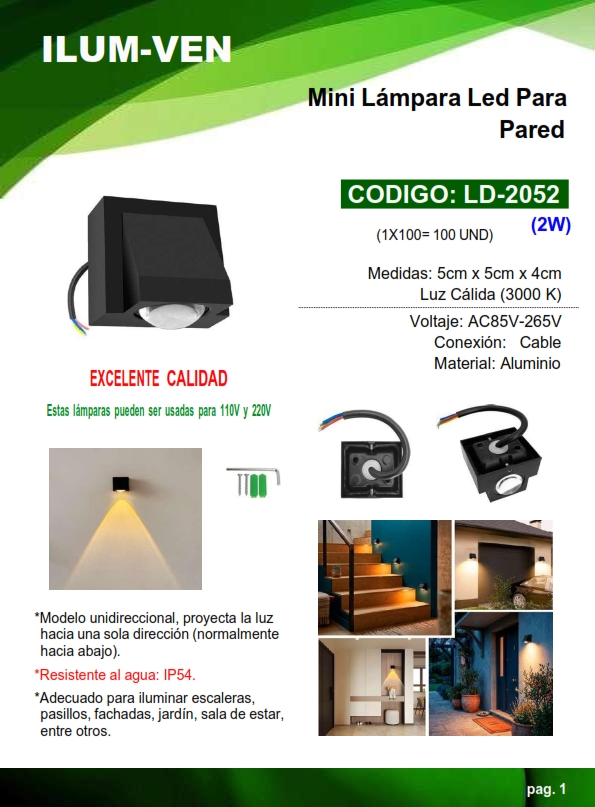 MINI LAMP P/PARED - 2W - 3000K - PLAST ALUM - 5X5CM