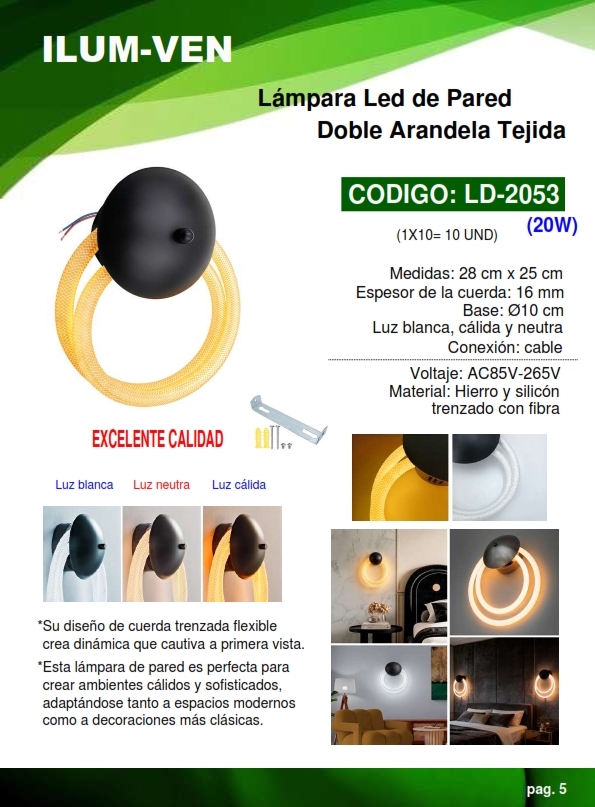 LAMP P/PARED 20W - DOBLE ARANDELA - TEJIDA - 3 LUCES - HIERR