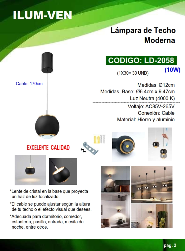 LAMP COLGANTE NEGRA - 10W - 4000K - 1,7MT - 12CM - ALUM