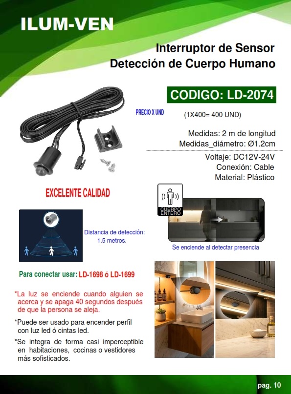 SENSOR INTERRUP CUERPO HUMAN (1,5MTS) 12-24V - 2M - 1,2CM - 