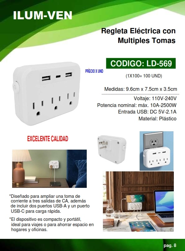 REGLETA MULTITOMA 10AMP - 3TOMAS C/TIERRA + 2USB-A DC5V  + 1