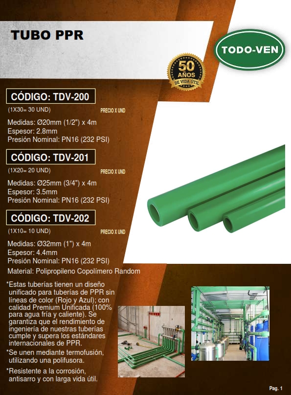 TUBO PPR 1/2 X20MM X 4MTS - 2,8MM - 232 PSI - PN 16 - AGUA F