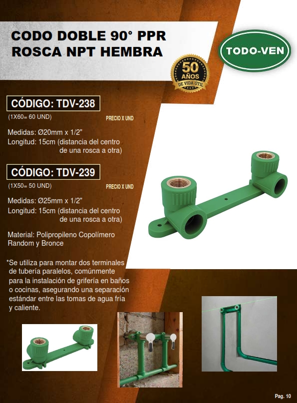CODO DOBLE 90° - 15CM - ADAPT PPR - NPT HEMBRA