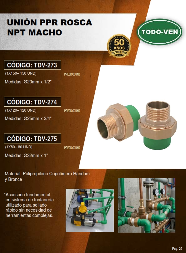 UNION PATENTE PPR - 20MM X 1/2 NPT MACHO