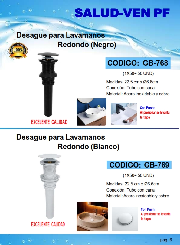 DESAGUE P/LAVAM BLANCO - PUSH (S/REBOS) 22,5x6,6CM - ACERO Y