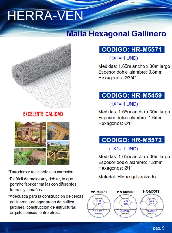 MALLA GALLINERO HEX 1" - 1,65MTS X 30MTS - ESPESOR 0.8 - GAL
