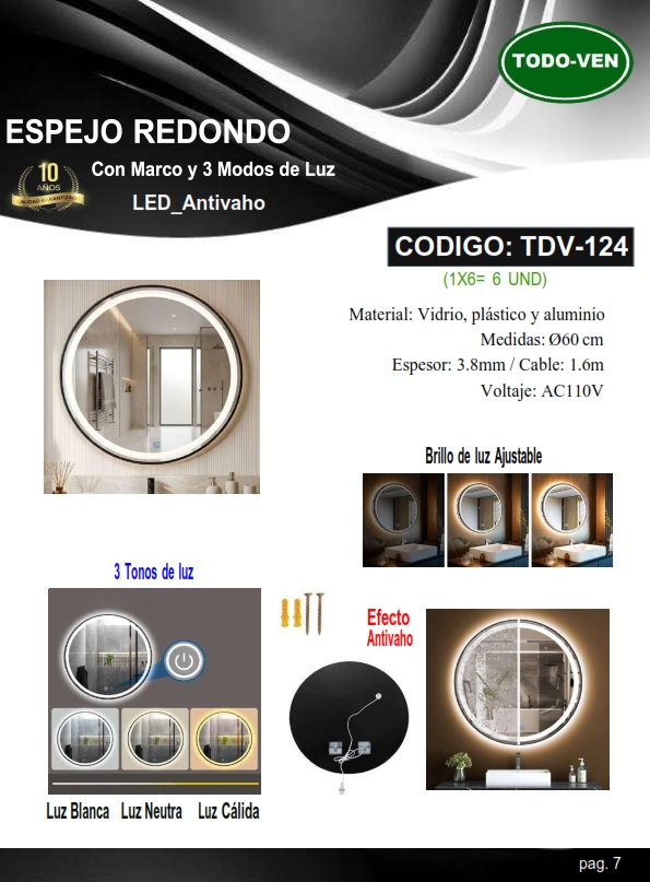 ESPEJ RED AntiVaho - 3MODOS LUZ - C/MARCO - AJUSTE BRILLO - 
