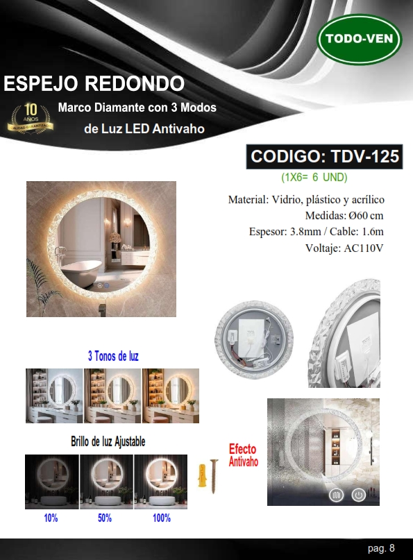 ESPEJ RED AntiVaho - 3MODOS LUZ - B/DIAMANTE - AJUSTE BRILLO